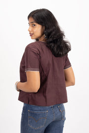 Burgundy Shawl Neck Cotton Crop Top 10068087