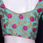 Blue Banarasi Organza Blouse with Floral Motif 10076217
