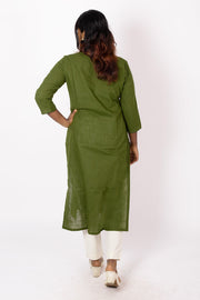 Green Handcrafted Slub Cotton Kurta 10073258