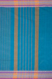 Aqua Marine Blue Handloom Chettinad Cotton Saree With Stripes And Temple Border 10075809