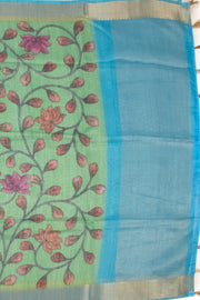 Green Printed Semi Linen Saree With Floral Motifs 10076278