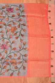 Grey Printed Semi Linen Saree With Floral Motifs And Zari Border 10076279