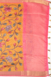 Yellow Printed Semi Linen Saree With Floral Motifs And Zari Border 10076280