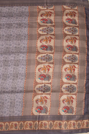 Grey Printed Semi Linen Saree With Tribal Motifs 10076282