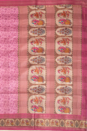 Pink Printed Semi Linen Saree With Tribal Motifs 10076283