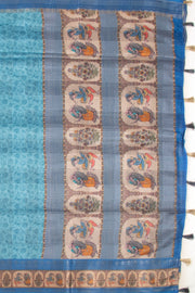 Blue Printed Semi Linen Saree With Tribal Motifs 10076285