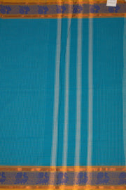 Sea Wave Blue Handloom Kanchi Cotton Saree with Checks and Peacock Border 10076470