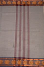 Mink Grey Handloom Kanchi Cotton Saree with Checks and Peacock Border 10076472