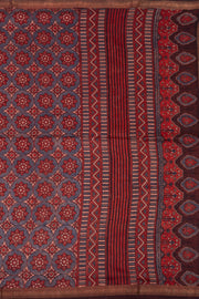 Autumn Crimson Red Ajrakh Printed Silk Cotton Saree With Floral Motifs And Zari Border 10076511