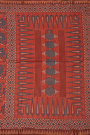Tangerine Red Ajrakh Printed Silk Cotton Saree With Floral Motifs And Temple Zari Border 10076512