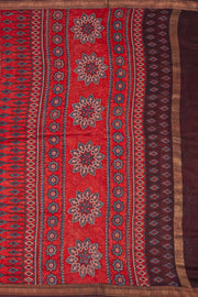 Coral Red Ajrakh Printed Silk Cotton Saree With Floral Motifs And Zari Border 10076513