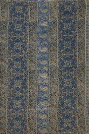 Navy Stone Blue Ajrakh Printed Mulmul Cotton Saree With Floral Motifs and Floral Border 10076517