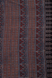 Ash Navy Blue Ajrakh Printed Mulmul Cotton Saree With Floral Motifs And Floral Border 10076522