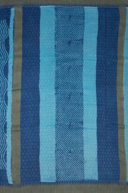 Nightfall Blue Handblock Printed Silk Cotton Saree With Waves lines and Temple Border 10076598