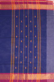 Royal Dusk Blue Handloom Chettinad Cotton Saree With Temple Border 10075831