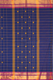 Midnight Ocean Blue Handloom Chettinad Cotton Saree With Checks And Temple Border 10075847