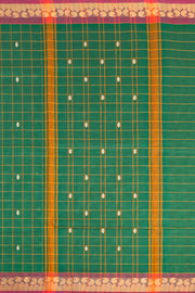 Basil Leaf Green Handloom Chettinad Cotton Saree With Checks And Paisley Border 10075850