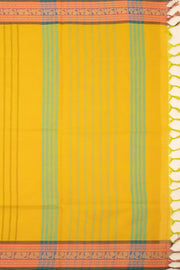 Yellow Handloom Chettinad Cotton Saree With Stripes And Peacock Border 10075896