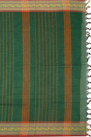 Green Handloom Chettinad Cotton Saree With Stripes And Peacock Border 10075897