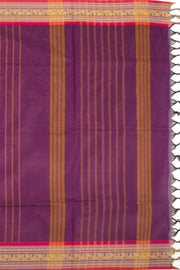 Purple Handloom Chettinad Cotton Saree With Stripes And Peacock Border 10075898