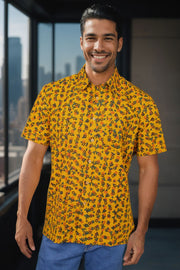 Yellow Half Sleeve Ajrakh Printed Cotton Mens Shirt 10072992