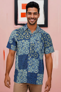 Green Half Sleeve Ajrakh Printed Cotton Mens Shirt 10072993