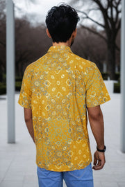 Yellow Half Sleeve Ajrakh Printed Cotton Mens Shirt 10073056
