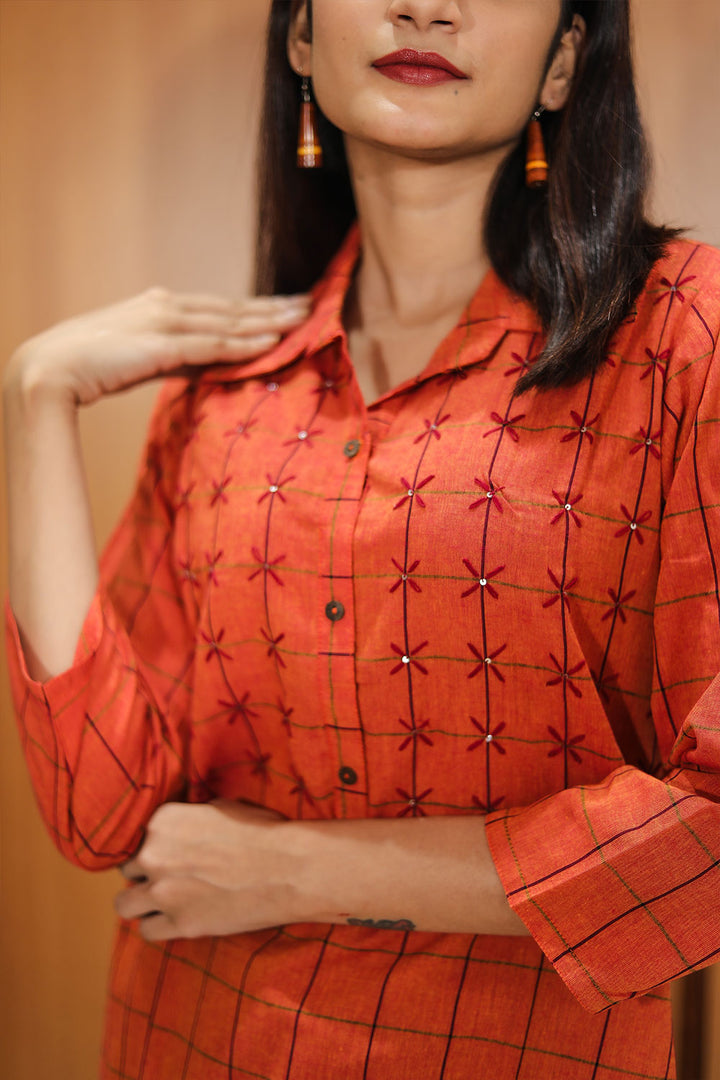Rustic Red Hand Embroidered Cotton Kurta 