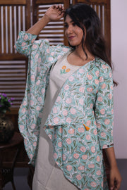 Blue Printed Midi Coat Cotton Dress With Jacket 10062645