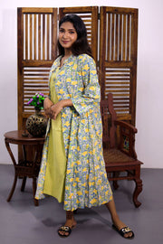 Pista Green Hand Block Printed Midi Coat Cotton Dress With Jacket 10062676