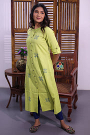 Lime Green Hand Embroidered Cotton Kurta 10062701