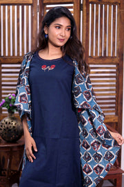 Blue Hand Embroidered Midi Coat Cotton Dress with Jacket 10062667