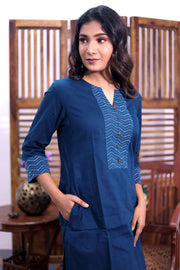 Blue Hand Block Cotton Kurta with Embroidered Yoke 10062688