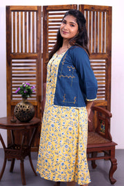 Yellow Hand Block Printed Midi Coat Cotton Dress With Jacket 10062643