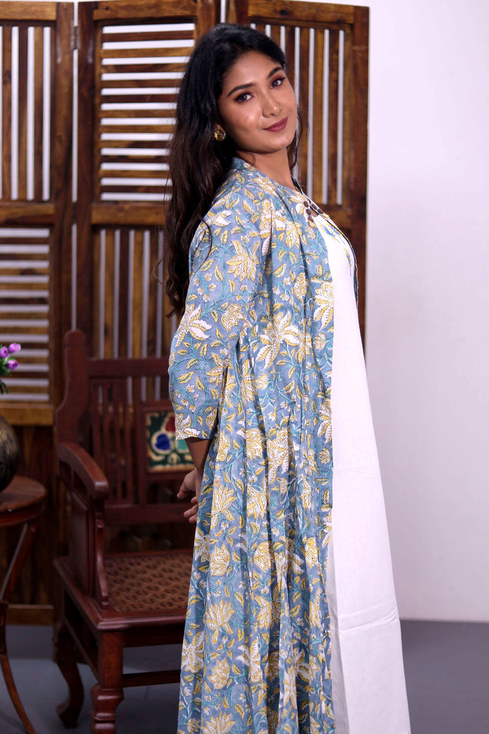 White Embroidered Cotton Dress with Blue Jacket 10062673