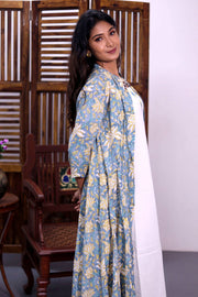White Embroidered Midi Coat Cotton Dress with Blue Jacket 10062673