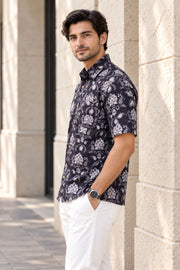 Black Half Sleeve Jahota Printed Cotton Mens Shirt 10074327