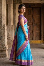 Anandha Blue Kanjivaram Pure Silk Saree With Kodimalar Border 10077892