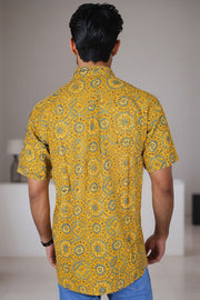 Yellow Half Sleeve Ajrakh Printed Cotton Mens Shirt 10071084