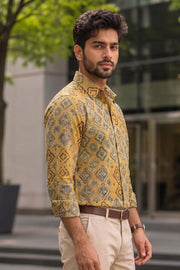 Yellow Full Sleeve Ajrakh Printed Cotton Mens Shirt 10072911