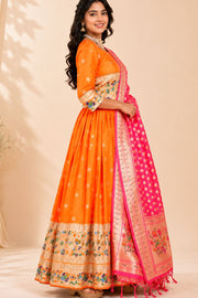 Orange Handcrafted Paithani Lehenga - 10065962