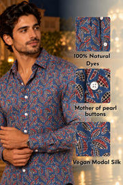 Blue Ajrakh Printed Vegan Modal Silk Mens Shirt 10078103