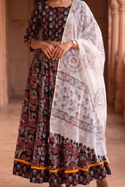 Black & Red Hand Block Printed Cotton Chaniya Choli With Kota Doria Dupatta 10066318