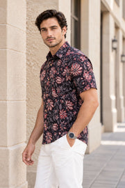 Black Half Sleeve Jahota Printed Cotton Mens Shirt 10074311