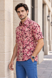 Pink Half Sleeve Batik Printed Cotton Mens Shirt 10076355