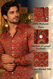 Rust Red Ajarkh Printed Vegan Modal Silk Mens Shirt 10078098