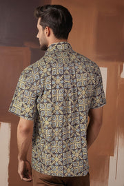 Black Half Sleeve Ajrakh Printed Cotton Mens Shirt 10071085