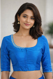 Copper Sulphate Blue Aari Embroidered Kanjivaram Silk Blouse - 10064340