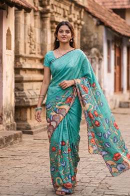 Green Printed Kalamkari Semi Tussar Silk Saree 10074913