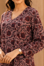 Rustic Maroon Hand Embroidered Cotton Dress 10077642